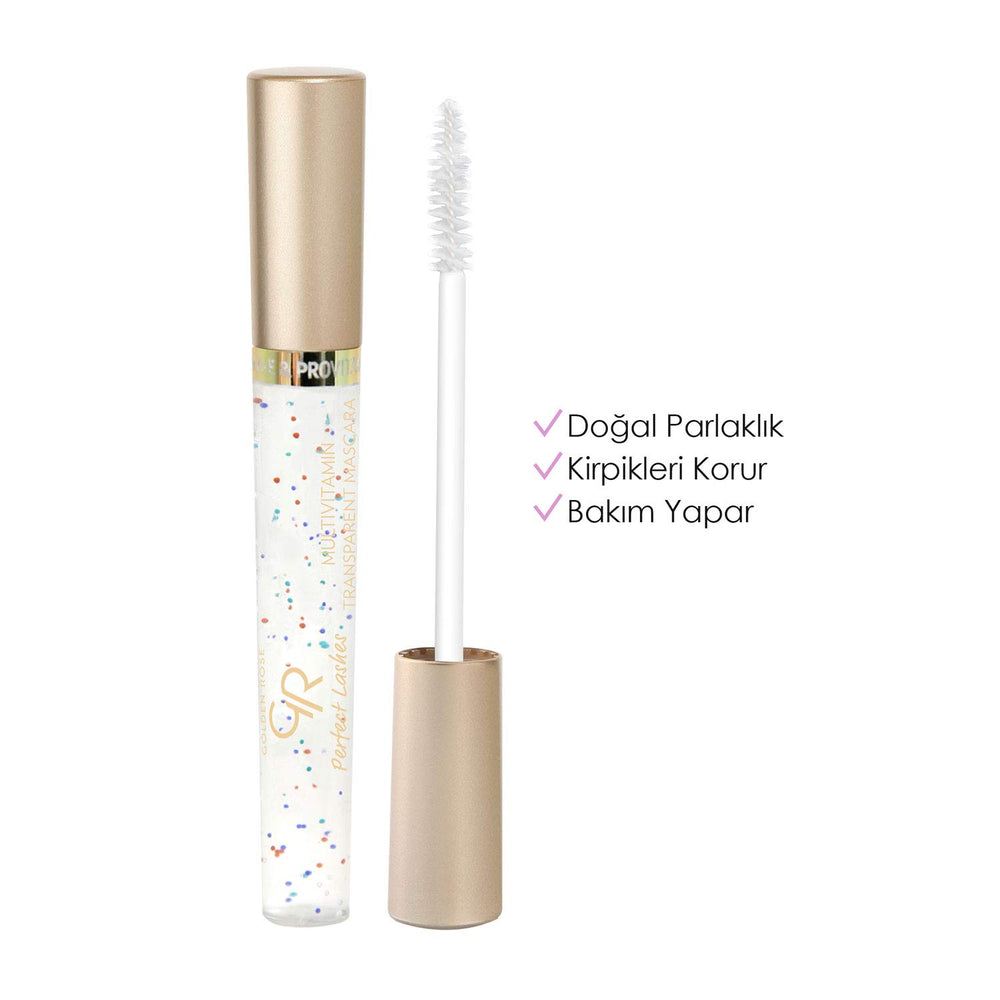 Golden Rose Perfect Lashes mascara with vitamin spheres demonstrates nourishing formula for lashes.