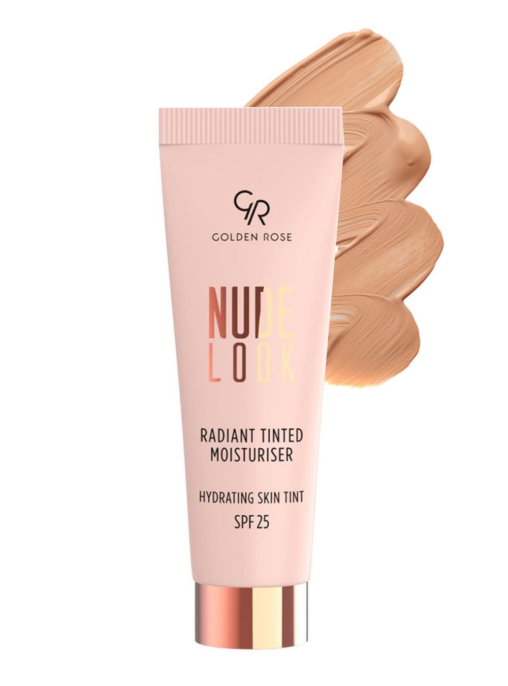 Golden Rose Radiant Tinted Moisturiser bottle shows a natural glow with SPF 25 protection.