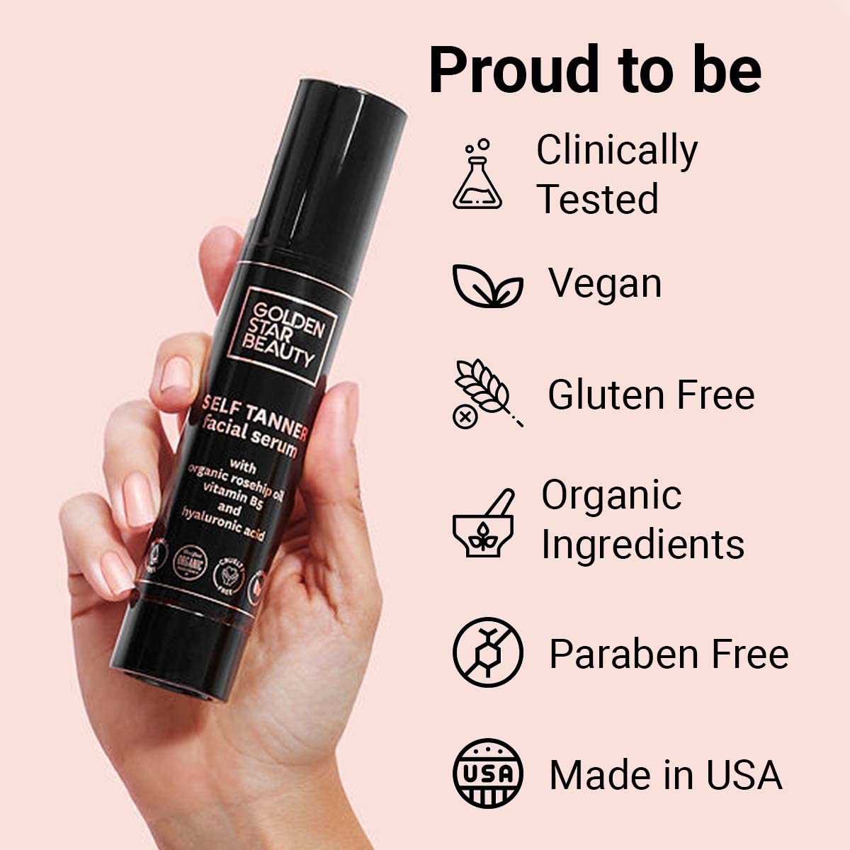 GOLDEN STAR BEAUTY Face Tanner ingredients list with hyaluronic acid visible.