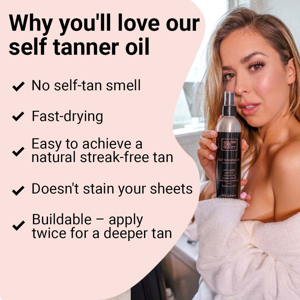 GOLDEN STAR BEAUTY self-tanner oil spray application on skin for bronze glow