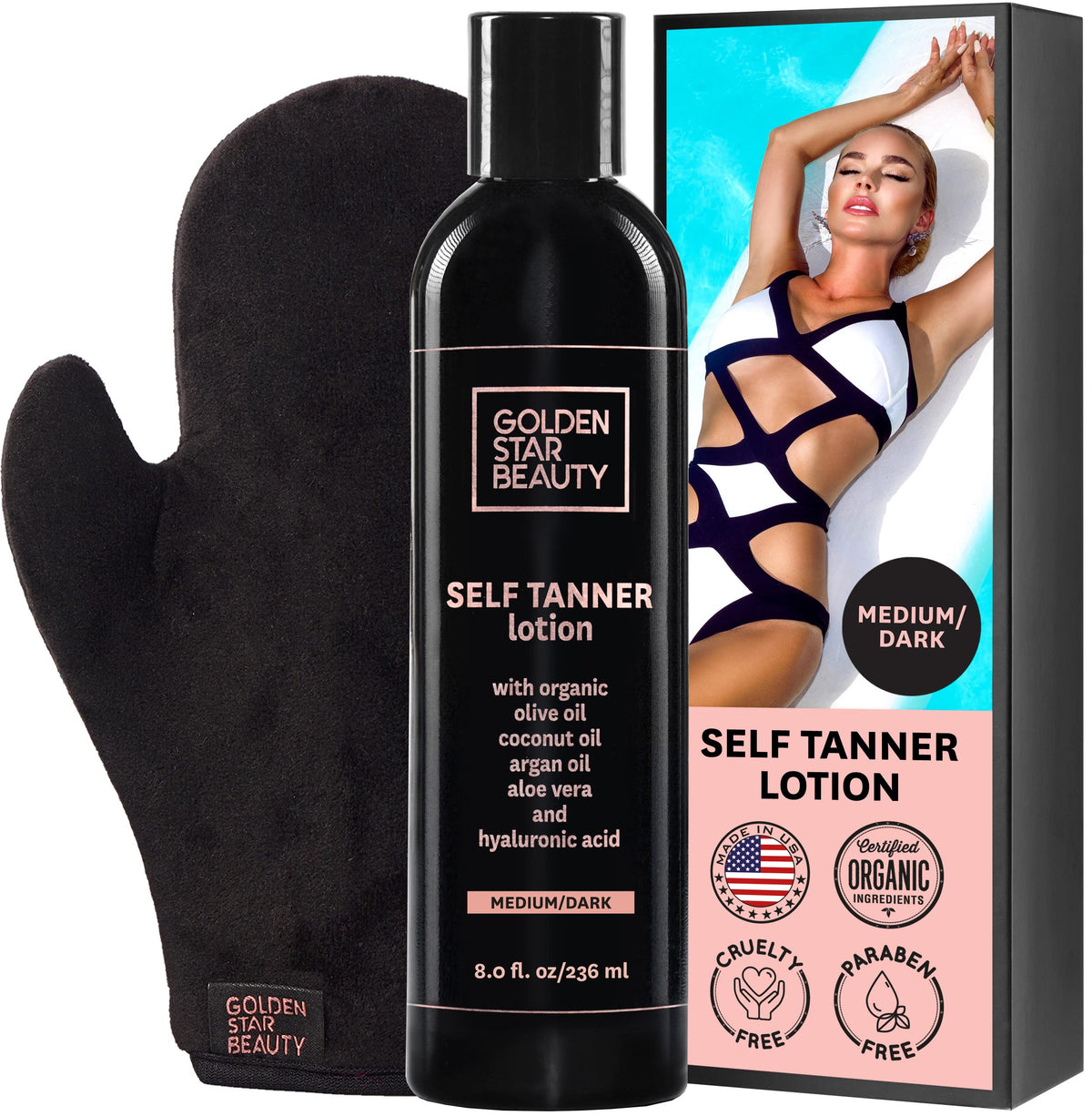 Golden Star Beauty self-tanning lotion bottle highlights a natural bronze color finish.