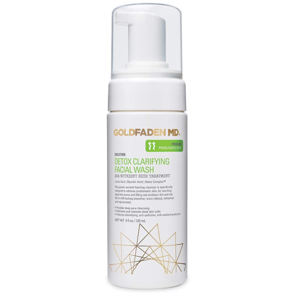 GOLDFADEN MD Detox Clarifying Cleanser bottle showing deep pore cleansing action.