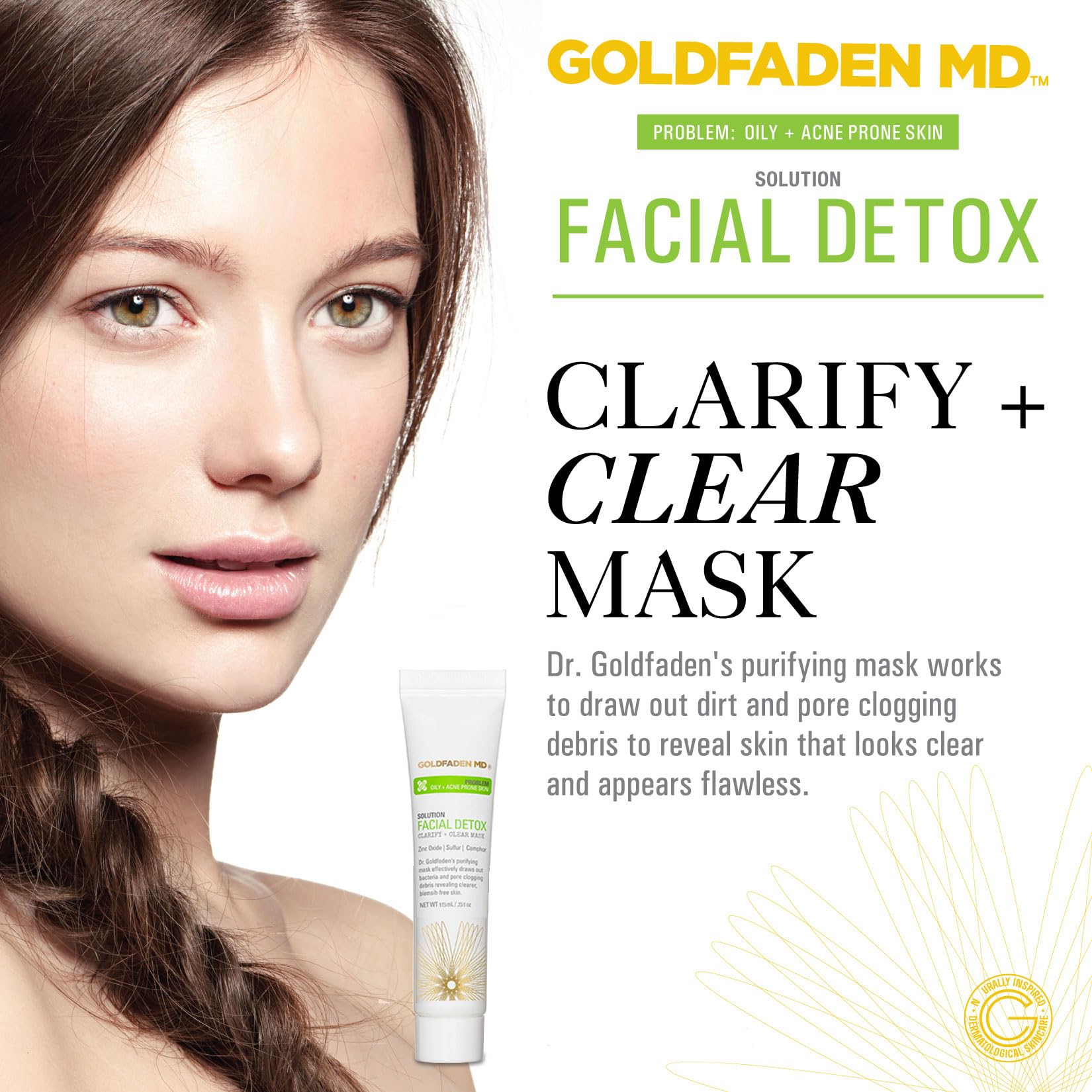GOLDFADEN MD Facial Detox Mask spread on skin highlighting pore-minimizing action.