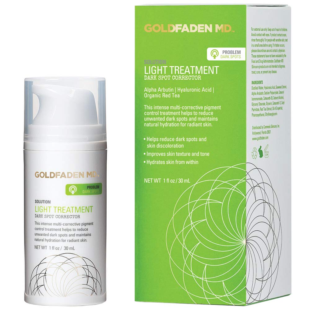 GOLDFADEN MD light treatment bottle targets dark spots for a more even skin tone.