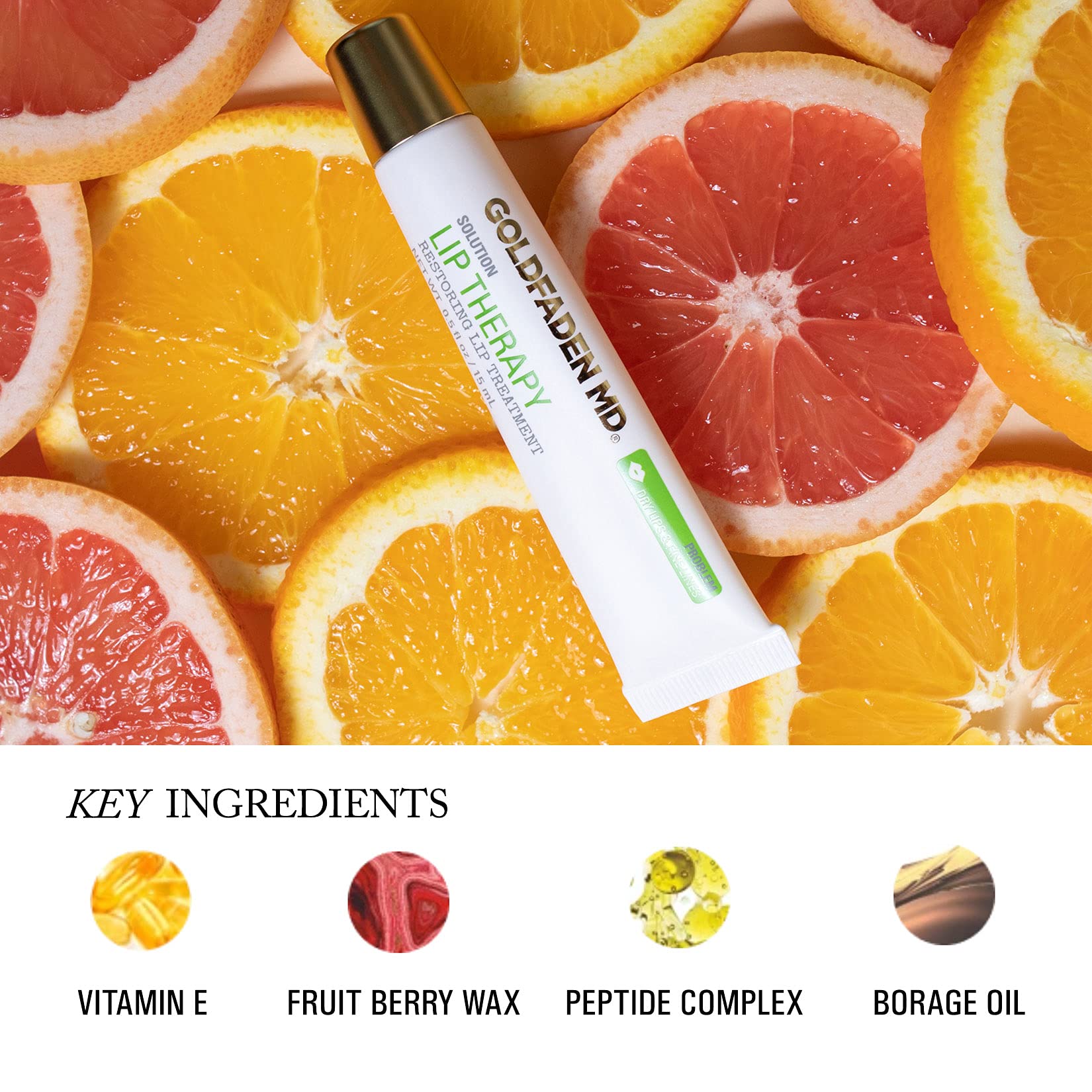 Goldfaden MD Lip Therapy packaging close-up highlighting antioxidants