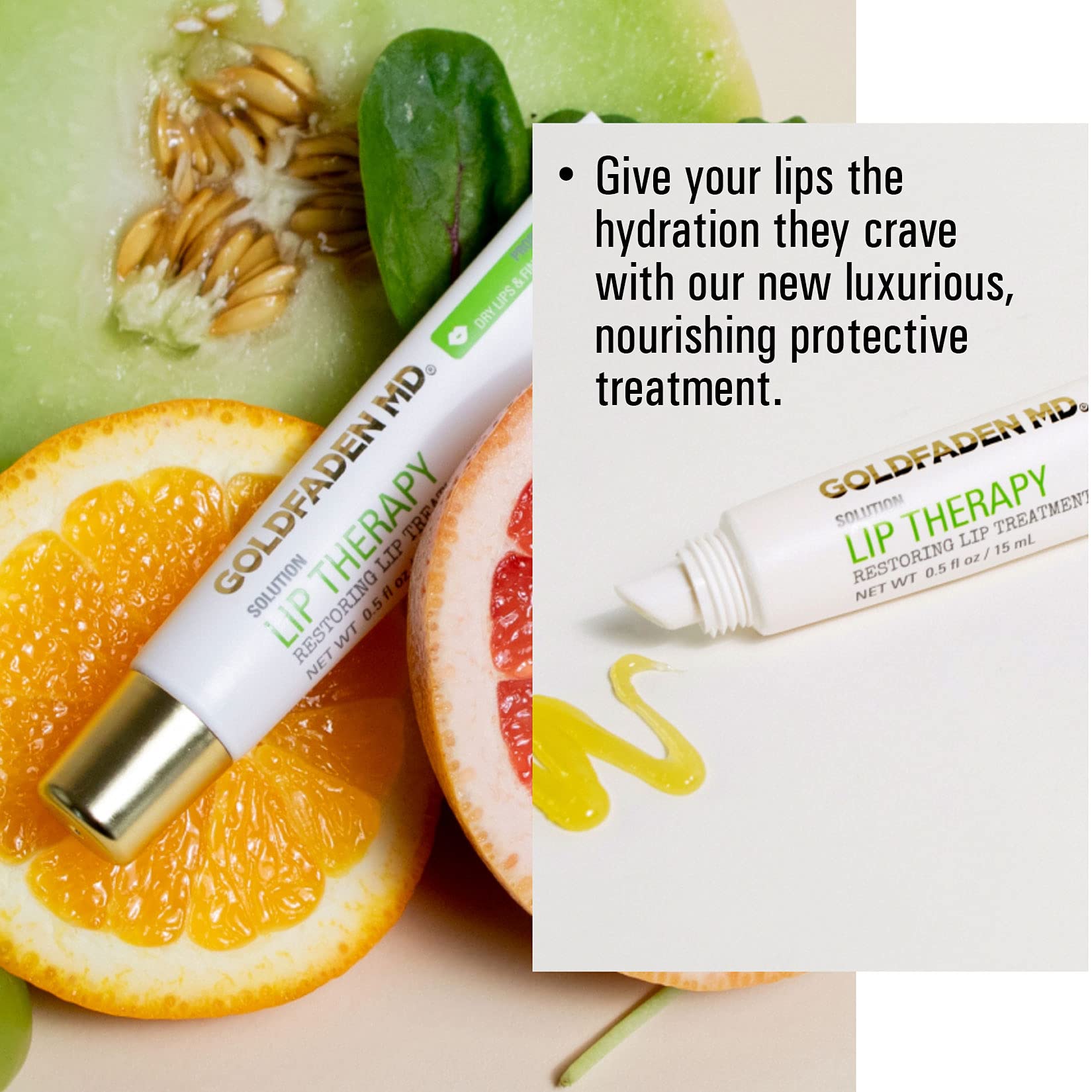 Goldfaden MD Lip Therapy rose hip oil and botanicals in a calming scene.