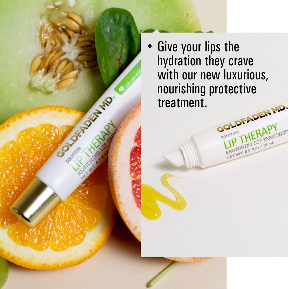Goldfaden MD Lip Therapy rose hip oil and botanicals in a calming scene.