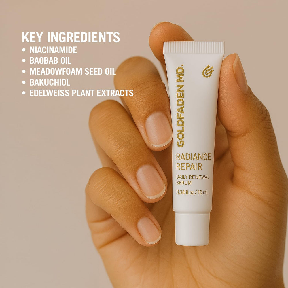 GOLDFADEN MD Radiance Repair bottle beside natural oils signaling botanical hydration.