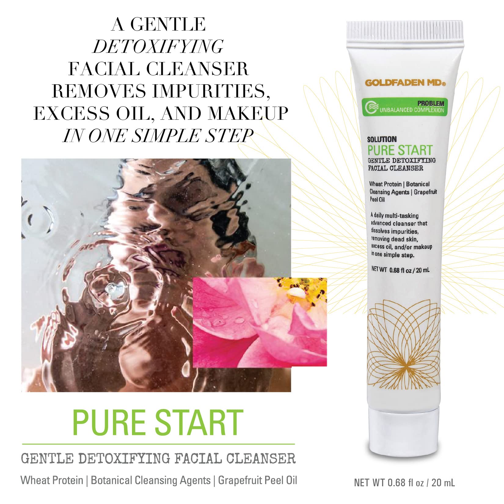 Close-up of Goldfaden MD Pure Start cleanser foam showing gentle cleansing action.