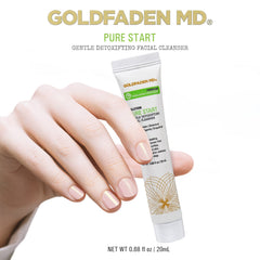 Goldfaden MD Pure Start rose hip seed oil drop shows hydrating properties.