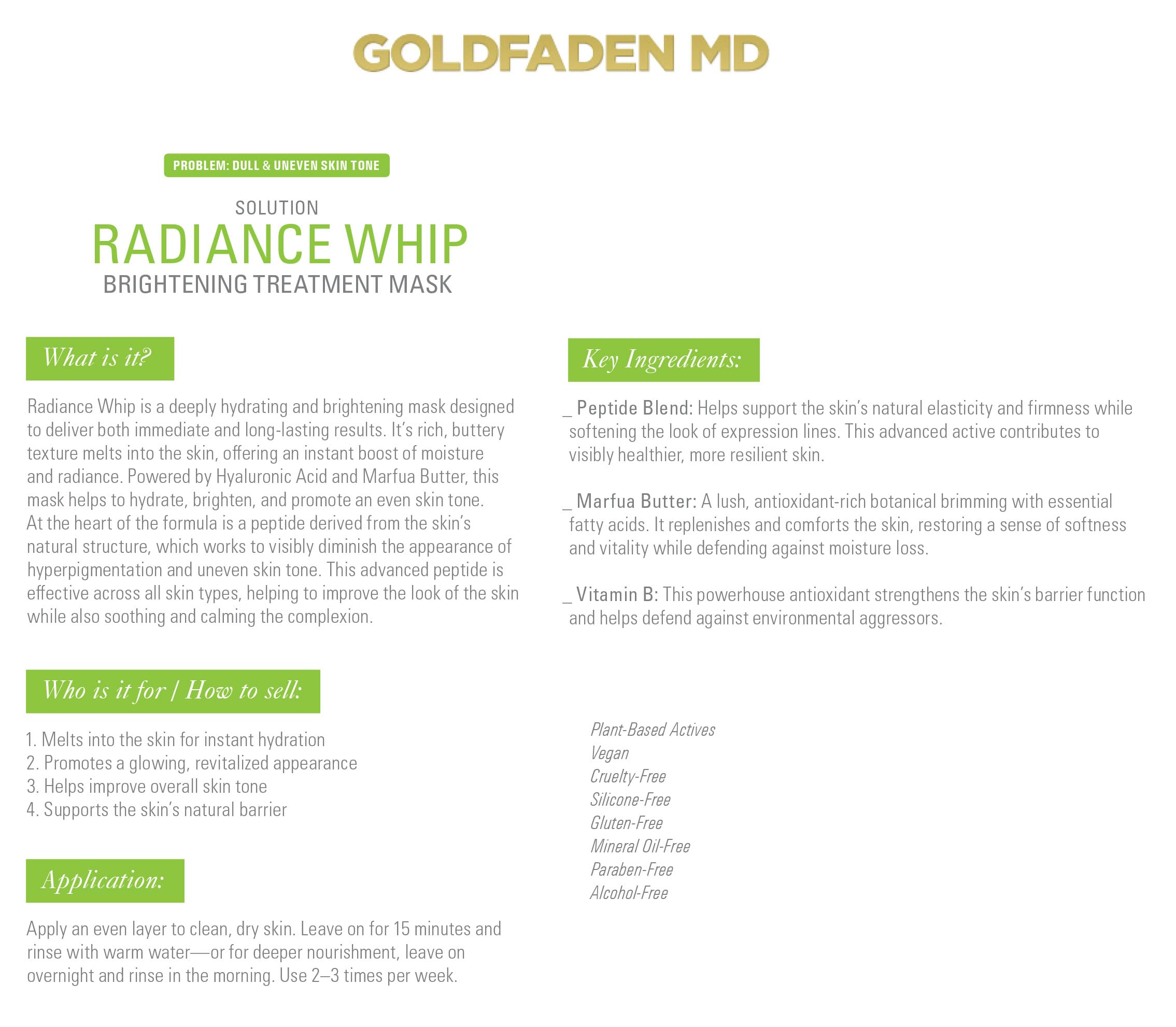 Goldfaden MD Radiance Whip mask on-face demonstrates 15-minute glow ritual