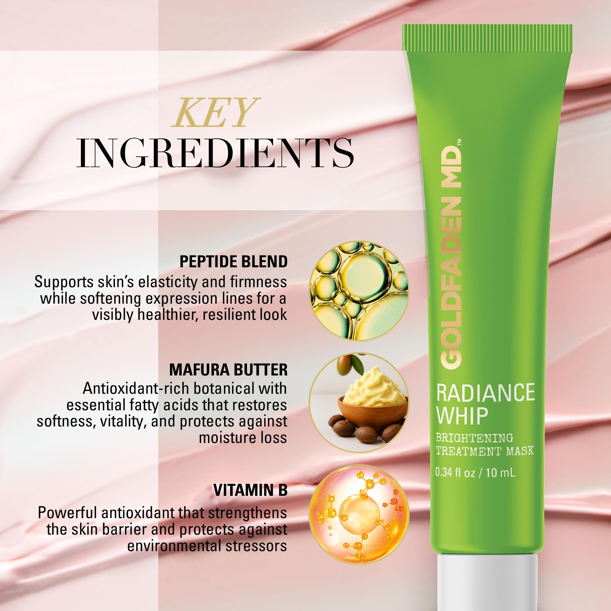 Goldfaden MD Radiance Whip mask tone-evening with peptide support.