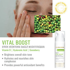Close-up of Vital Boost label highlighting antioxidant-rich ingredients.