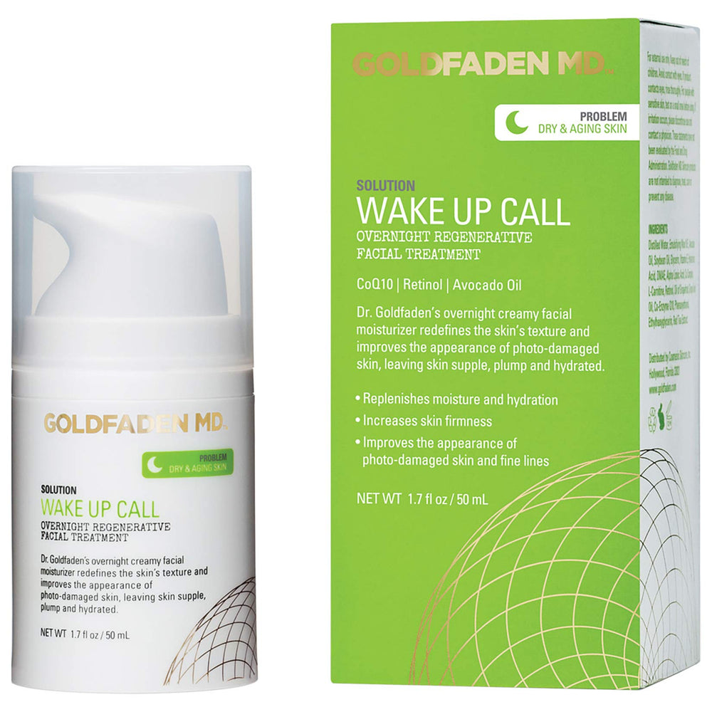 GOLDFADEN MD Wake Up Call bottle showing premium night moisturizer packaging for overnight use