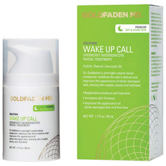 GOLDFADEN MD Wake Up Call bottle showing premium night moisturizer packaging for overnight use