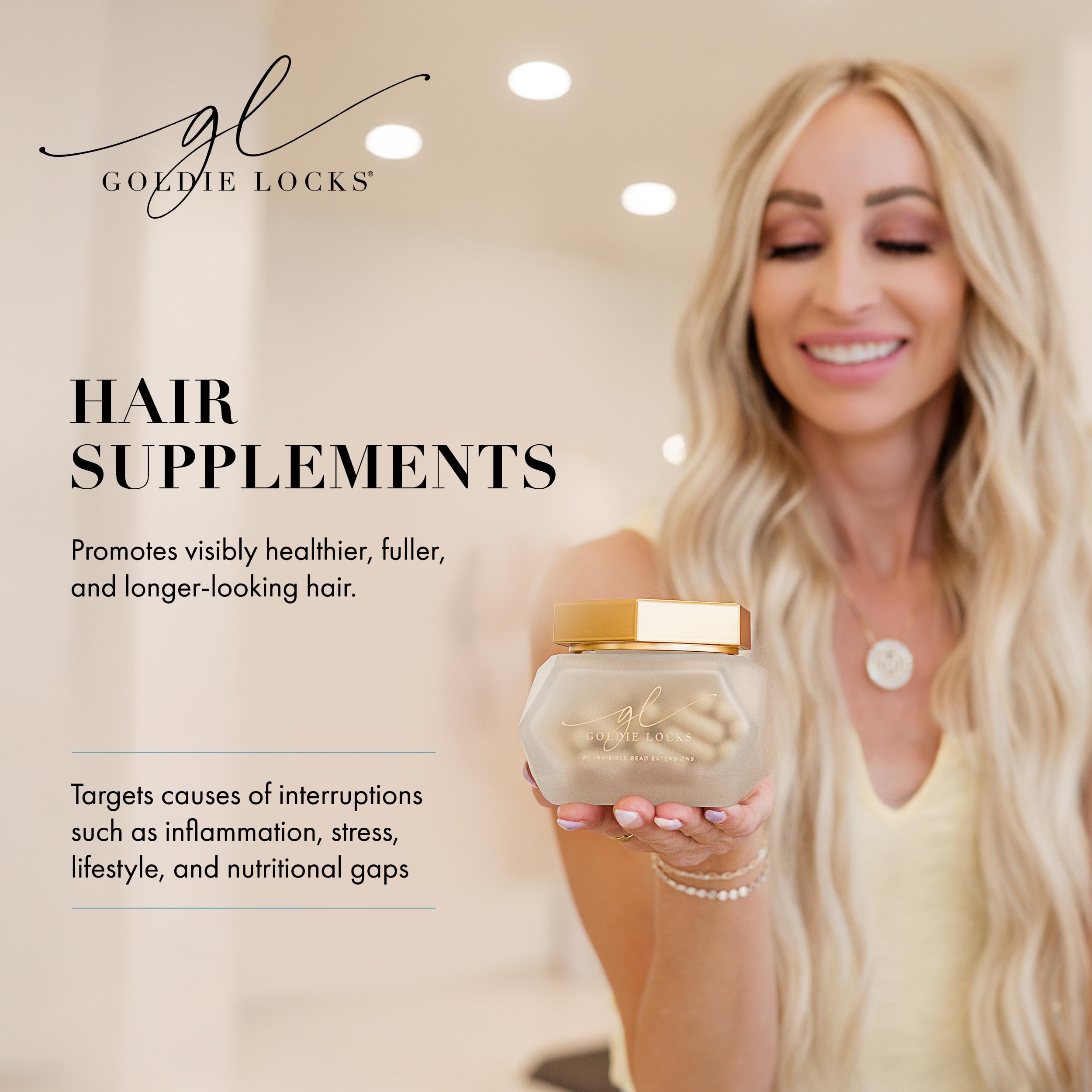 Goldie Locks capsules closeup highlighting hair thickening potential.