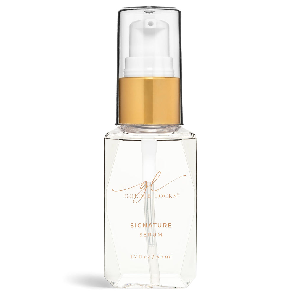Goldie Locks Signature Hair Serum bottle close-up for frizz-free, glossy shine.
