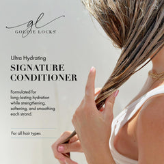 Goldie Locks bottle close-up demonstrates silky hair after use for detangling ease