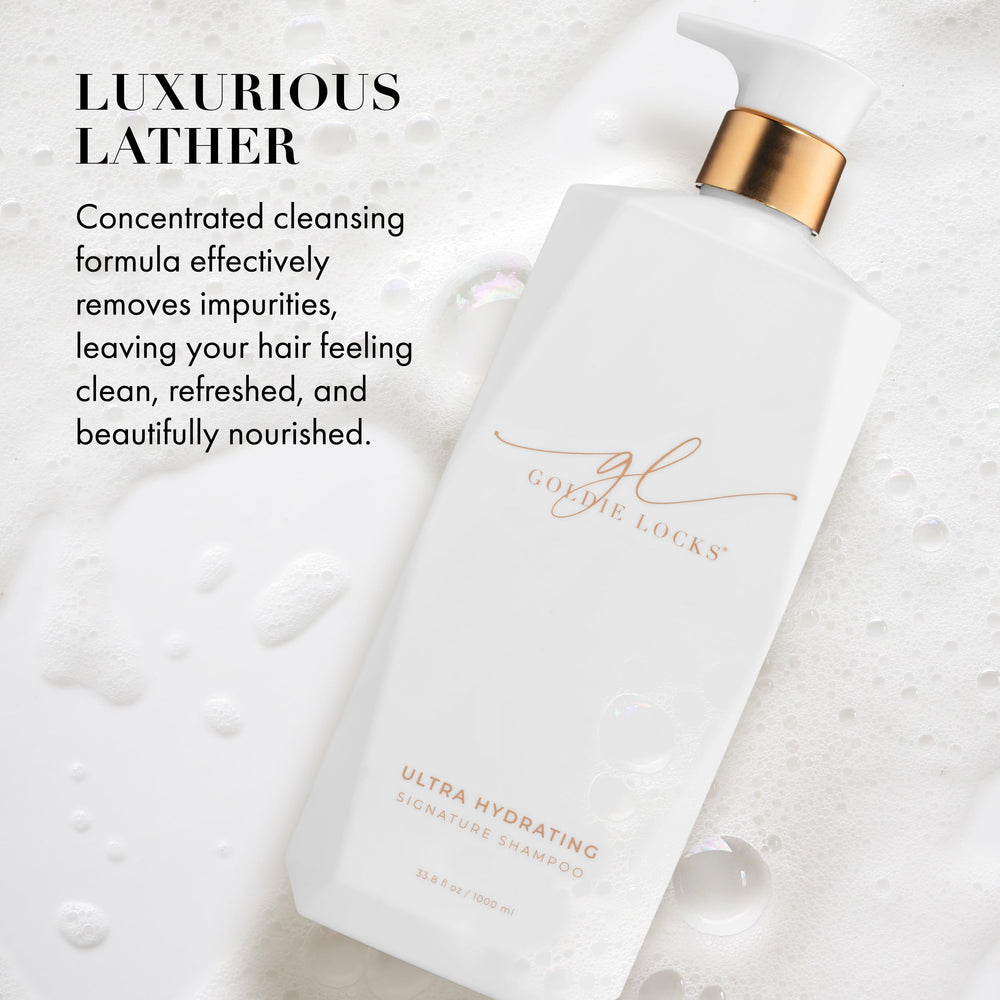 Goldie Locks Ultra Hydrating Shampoo pump top demonstrating easy, controlled dispensing