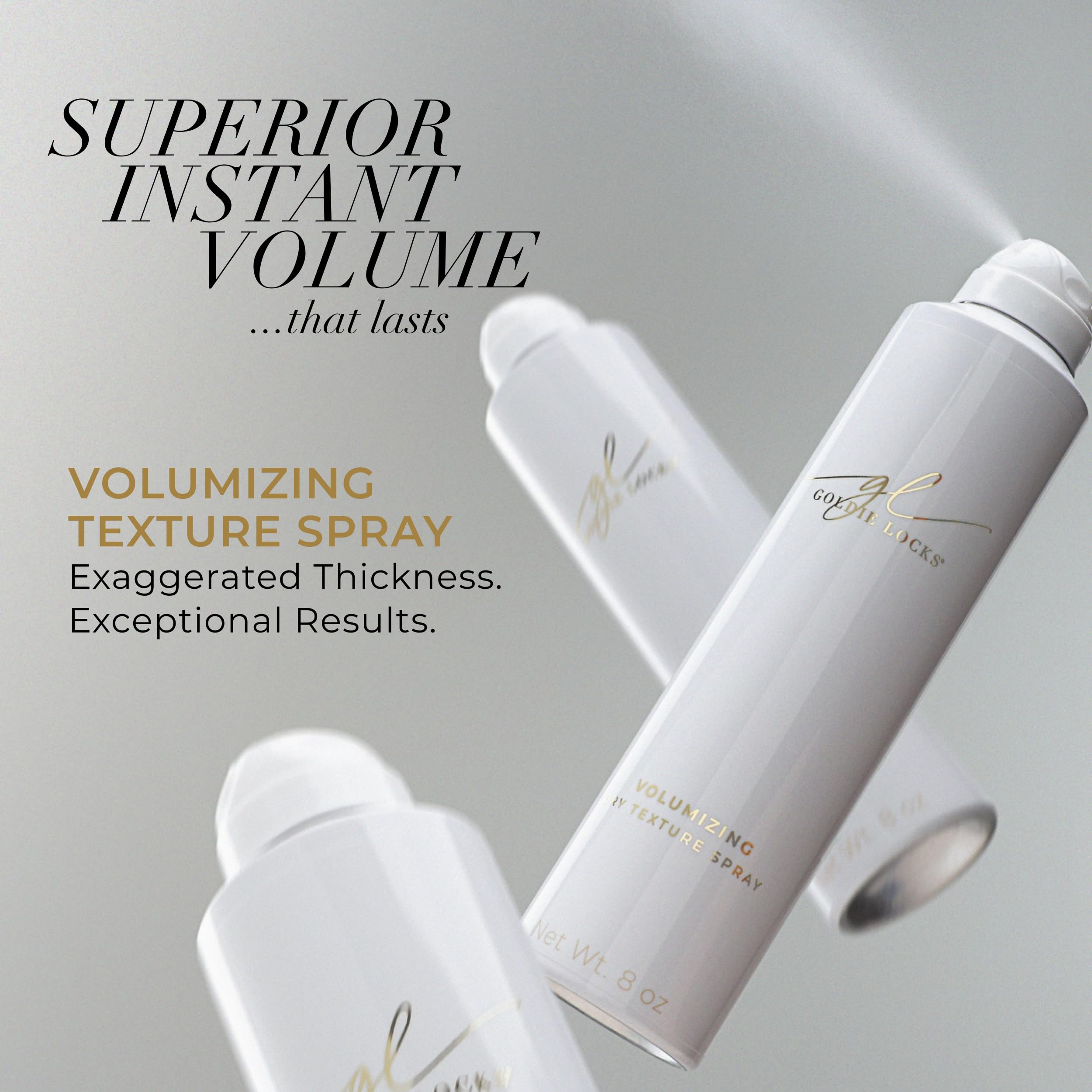 Goldie Locks Volumizing Texture Spray delivers all-day volume with a weightless feel.