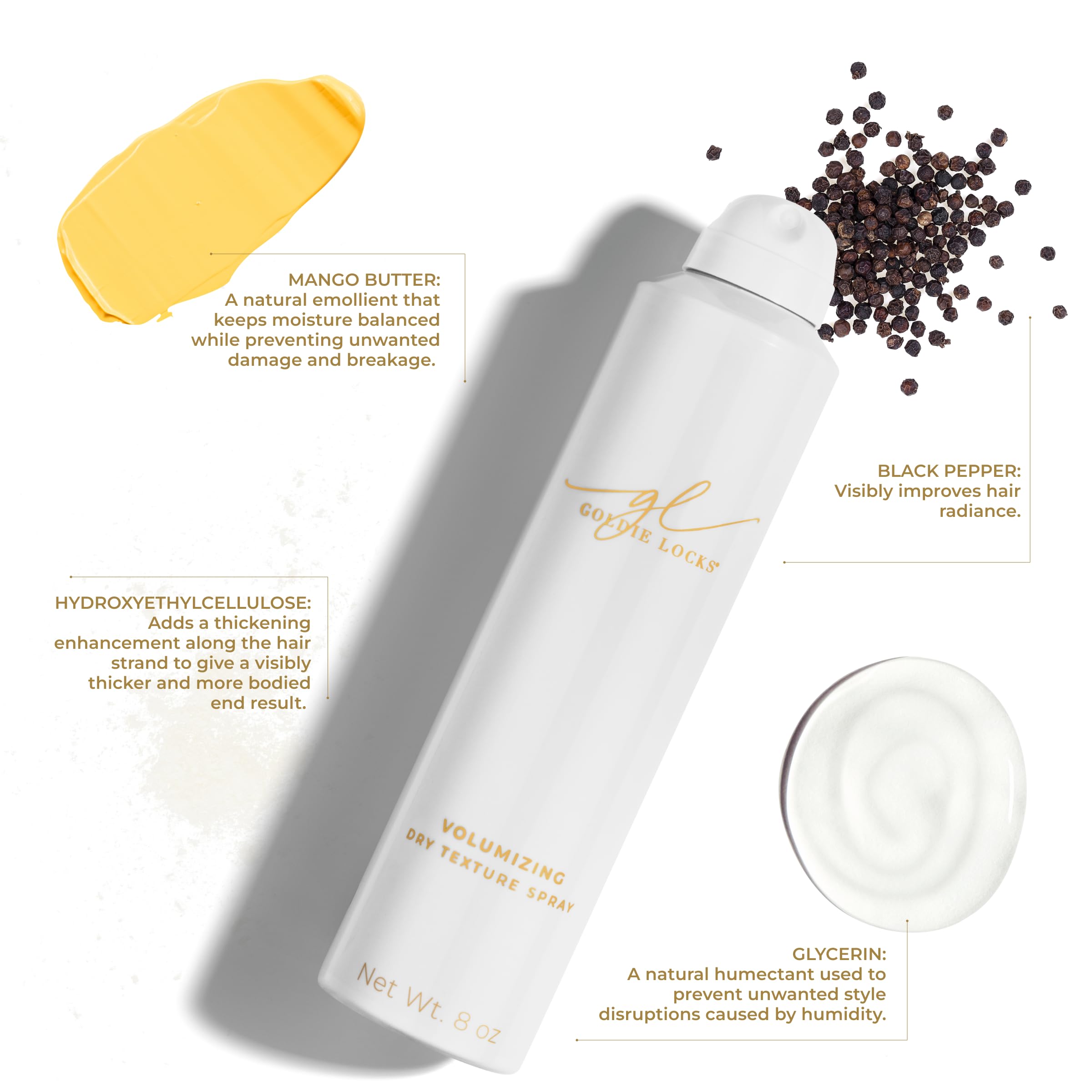 Goldie Locks Volumizing Texture Spray leaves an invisible matte finish.
