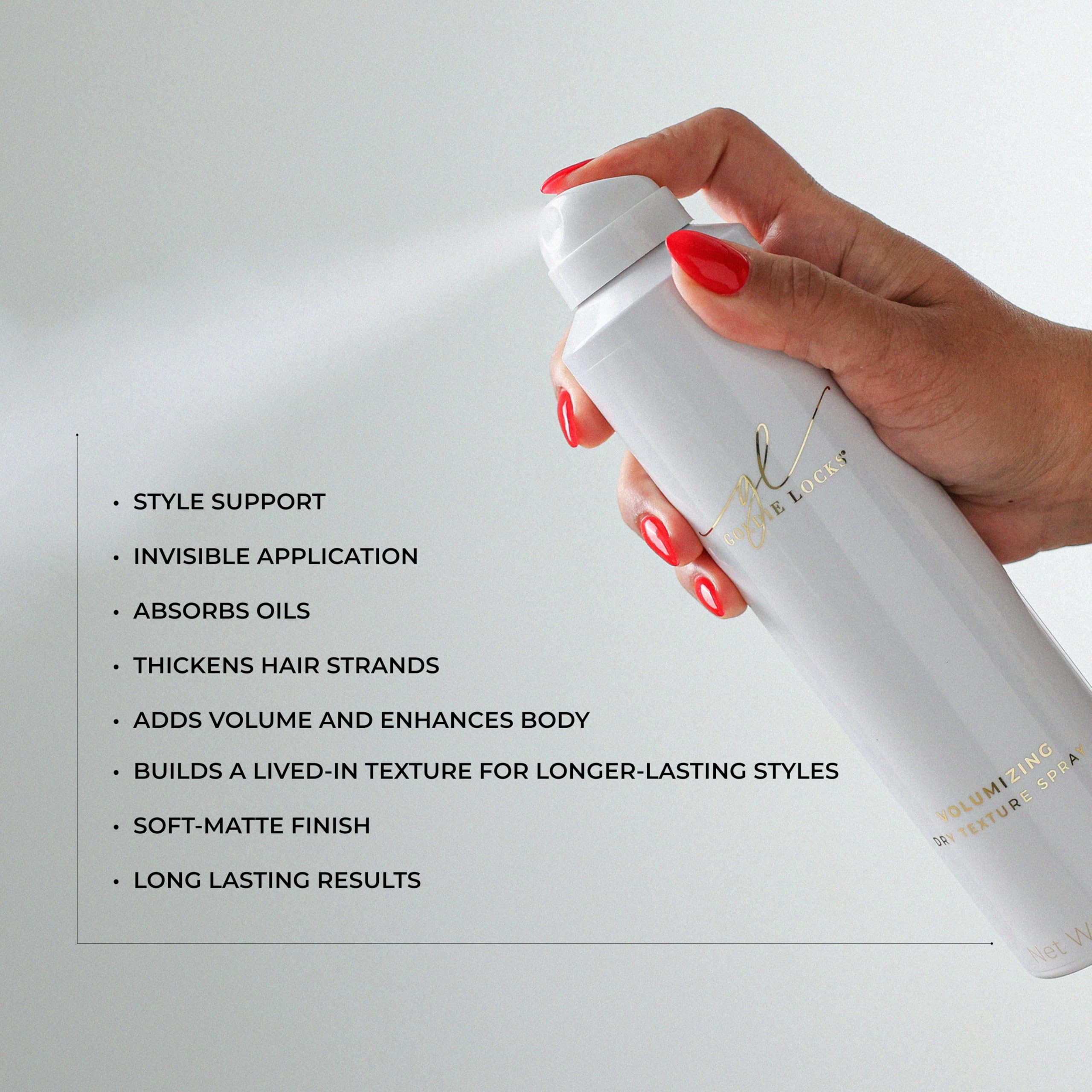 Goldie Locks Volumizing Texture Spray adds buildable texture for waves and updos.