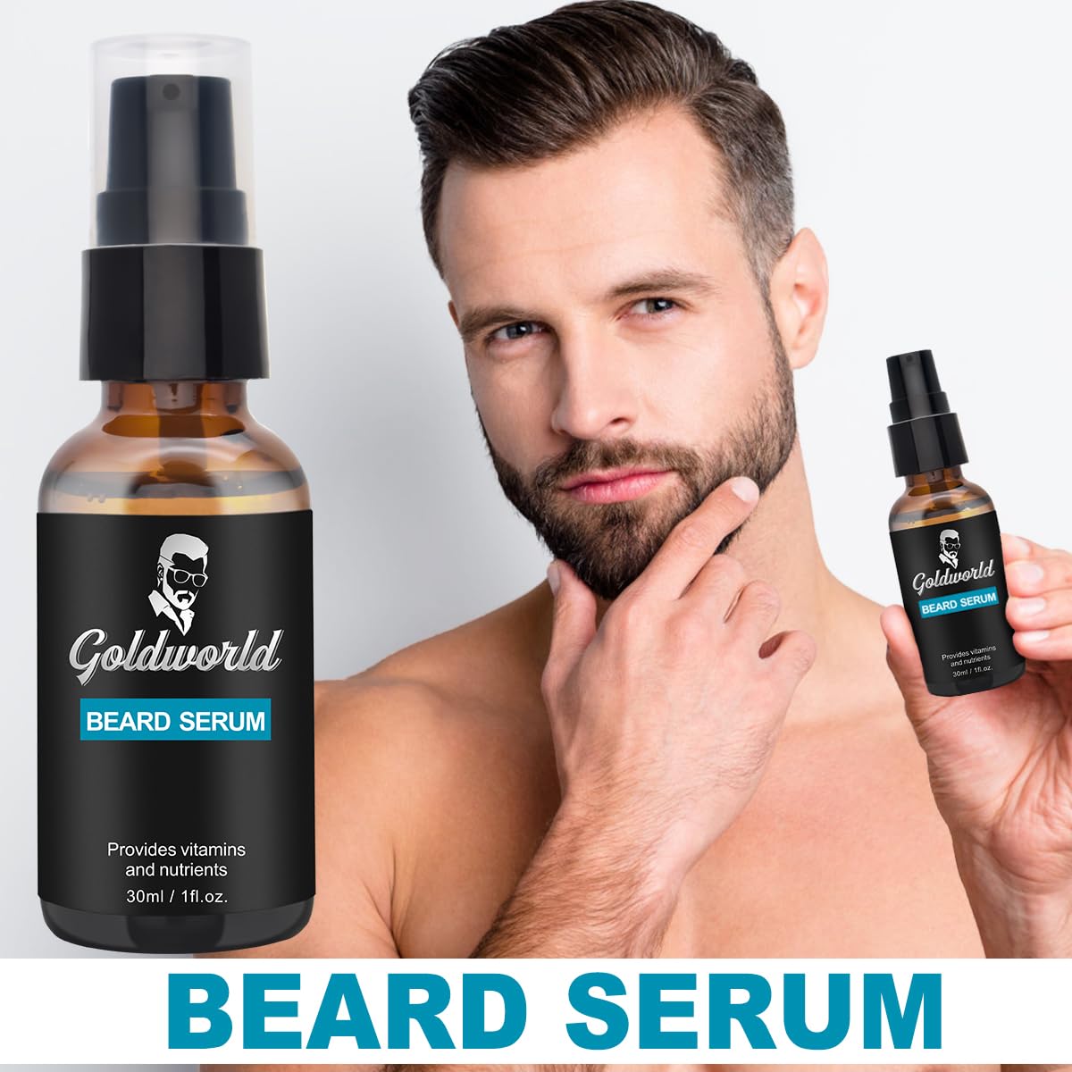 GoldWorld Beard Serum bottle close up for conditioning benefits