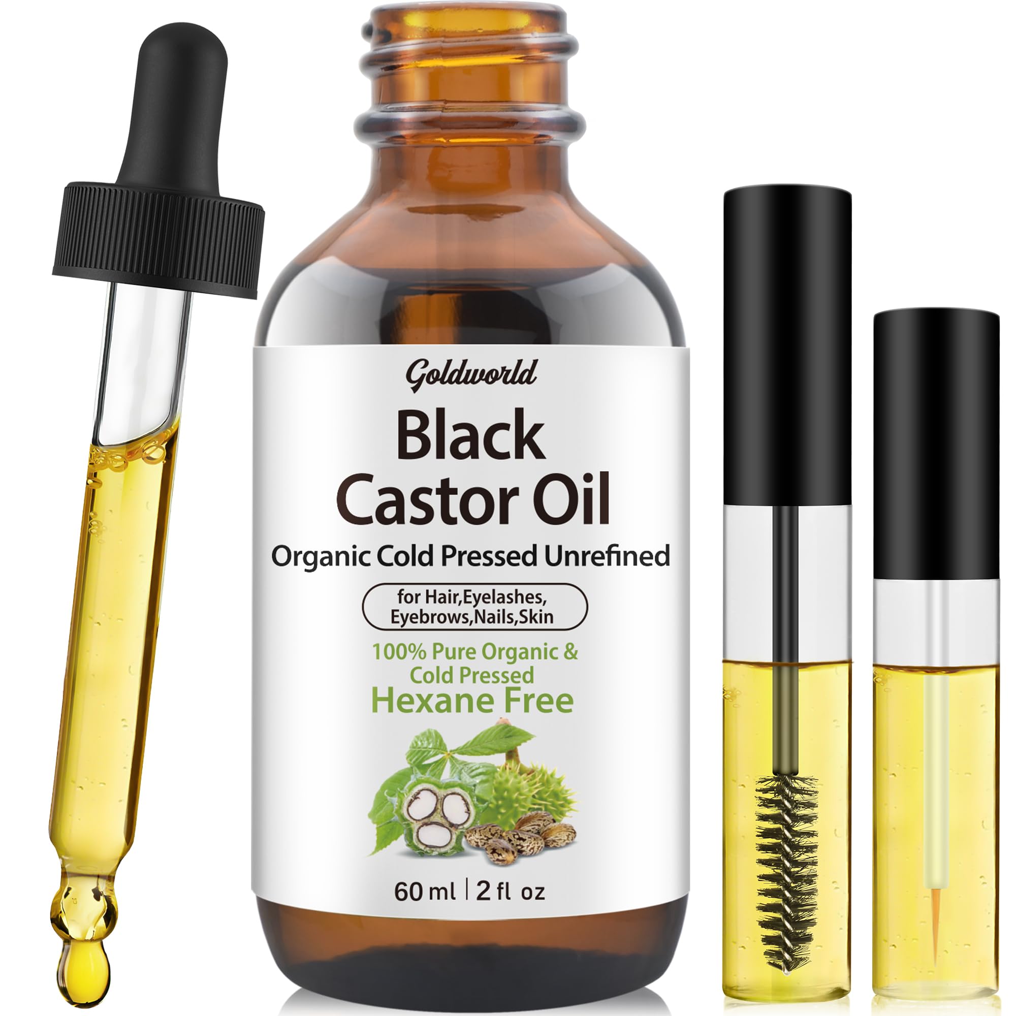 GoldWorld organic black castor oil bottle for skin nourishment and lash care.