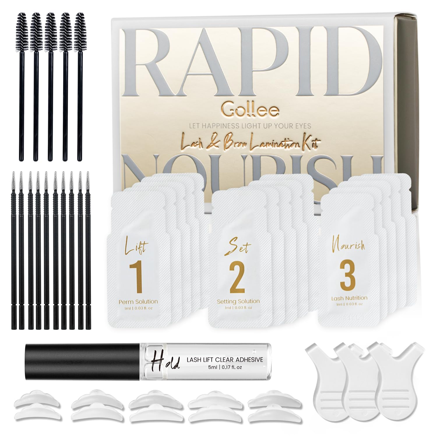 GOLLEE brow lamination kit sachets highlight hygiene and freshness for home use.