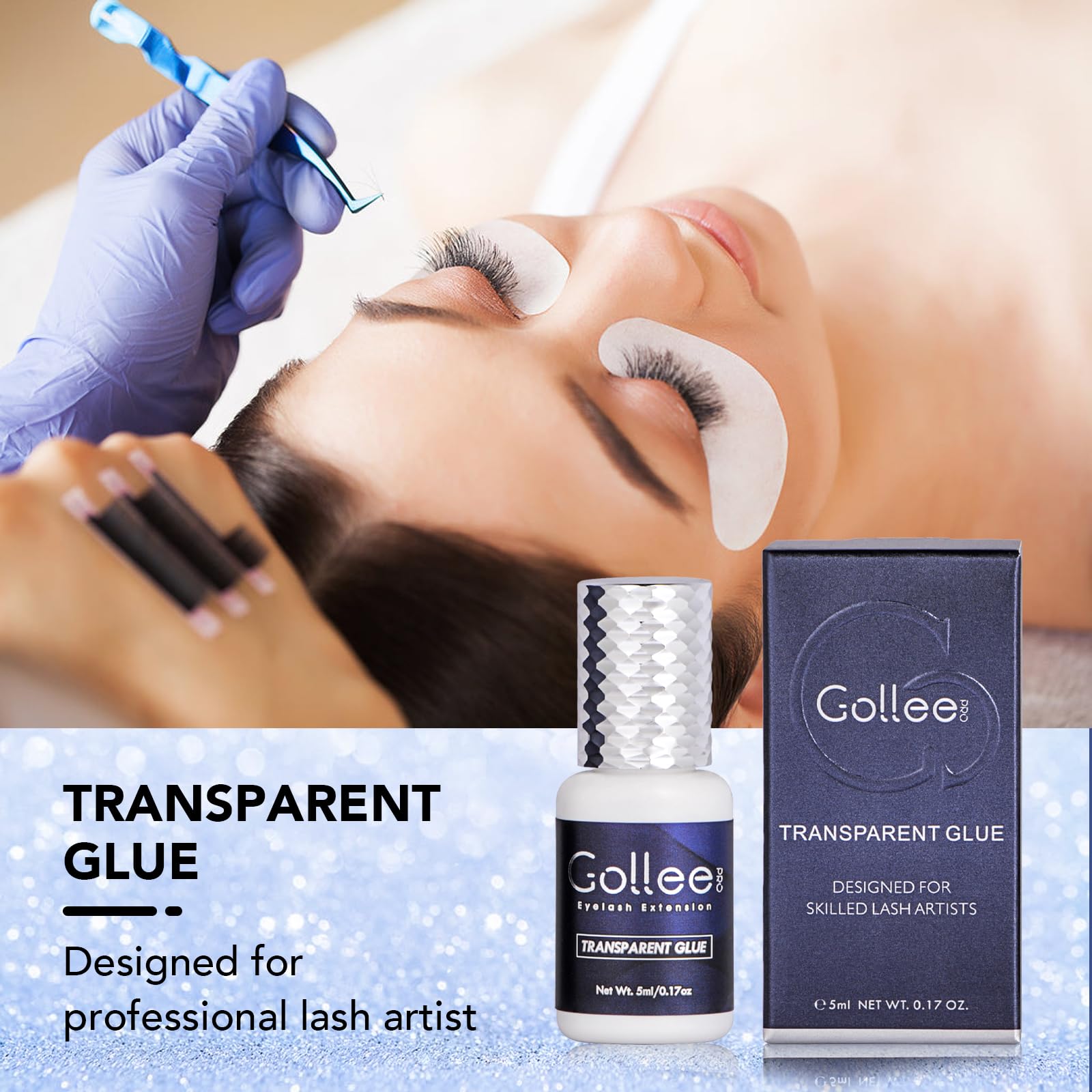 GOLLEEPRO transparent adhesive glue application scene emphasizes quick set time.