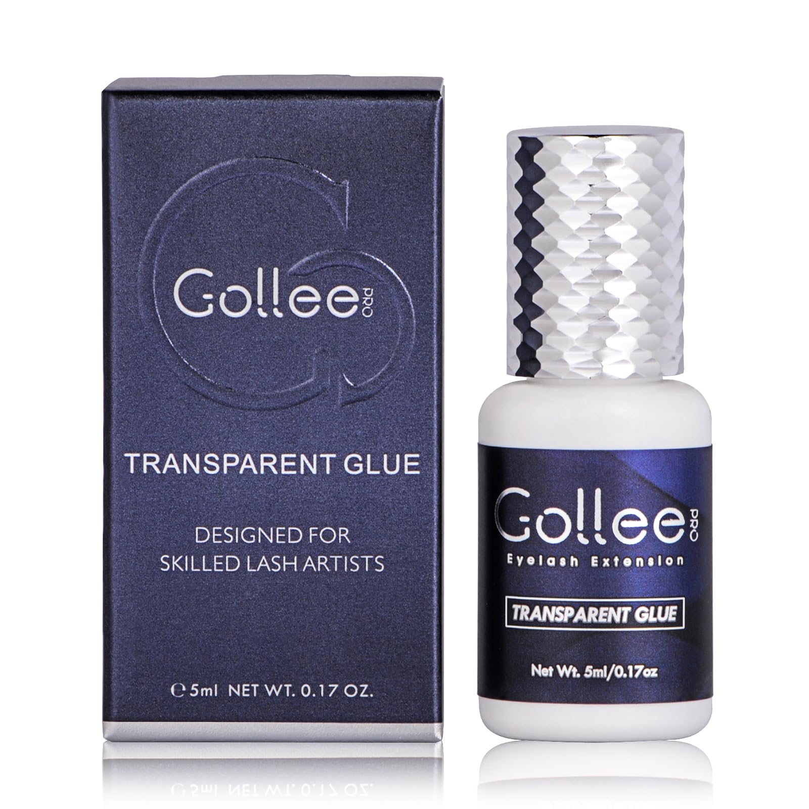 GOLLEEPRO transparent eyelash glue bottle closeup highlighting fast-dry formula for salons.