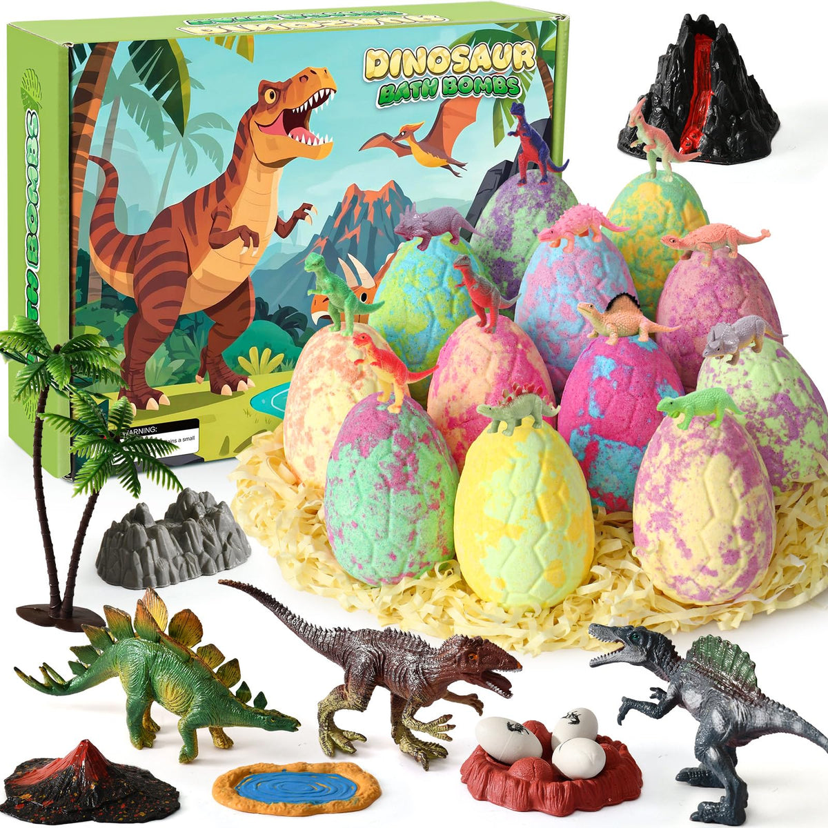 Golray dinosaur eggs bath bombs 12-pack in bright colors for kids' bath time.