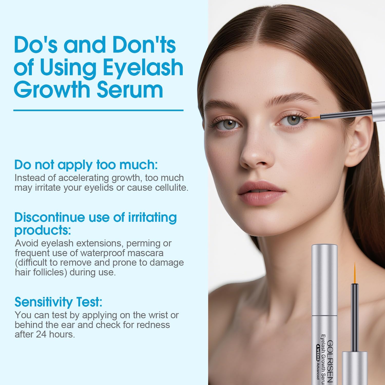 Golrisen formula with hyaluronic acid highlighted as nourishing lash care.