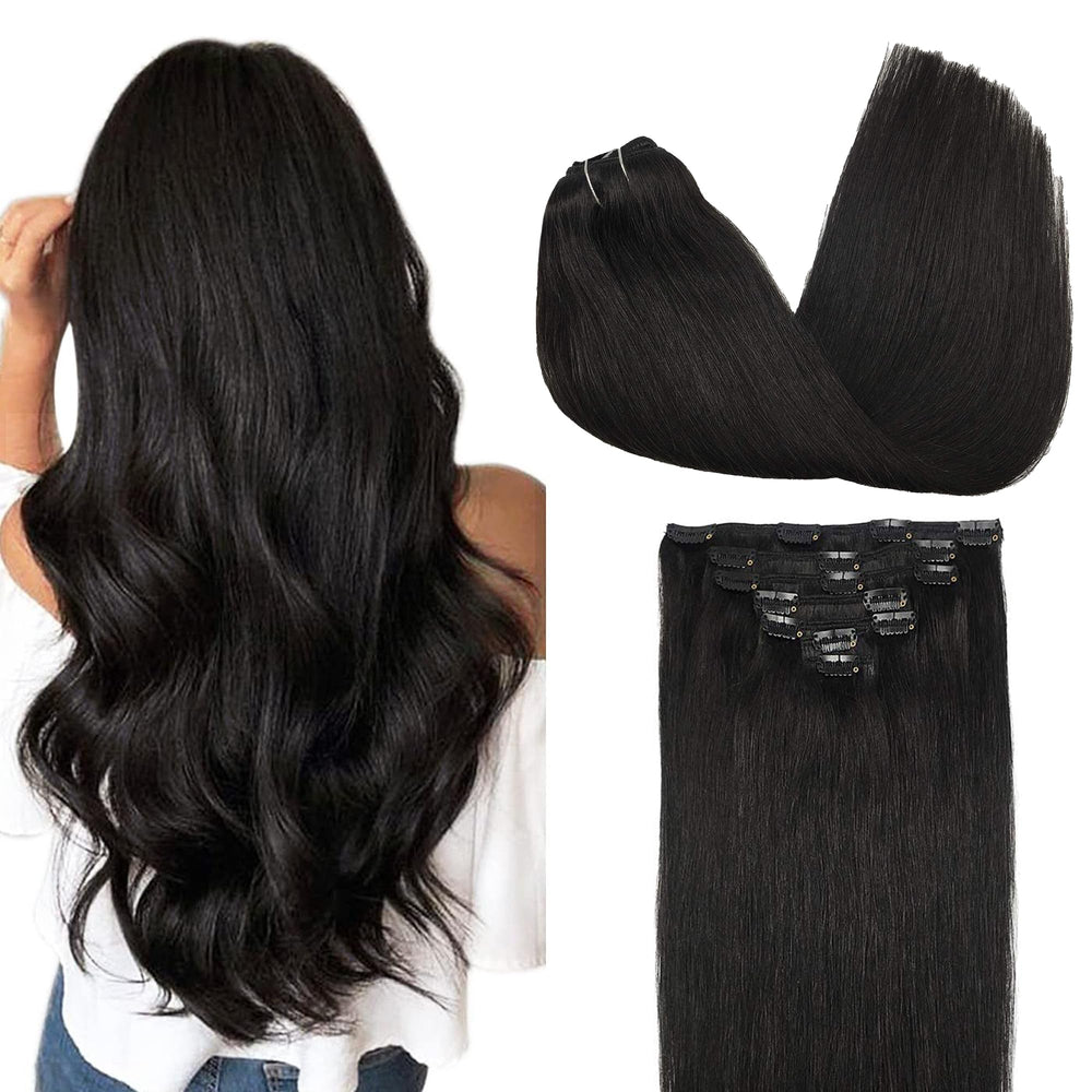 GOO GOO clip-in extensions in real human hair for natural daily volume.
