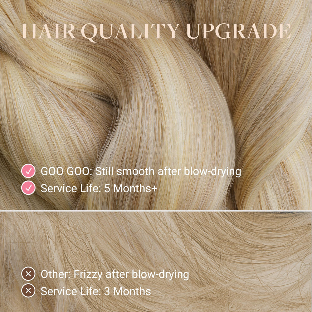 GOO GOO platinum blonde 24in extensions close-up showing silky texture for seamless blending.