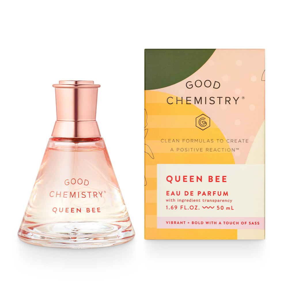 Good Chemistry Queen Bee bottle close-up emphasizes bold design.