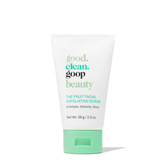 Good Clean Goop Fruit Exfoliating Scrub bottle on vanity for gentle exfoliation