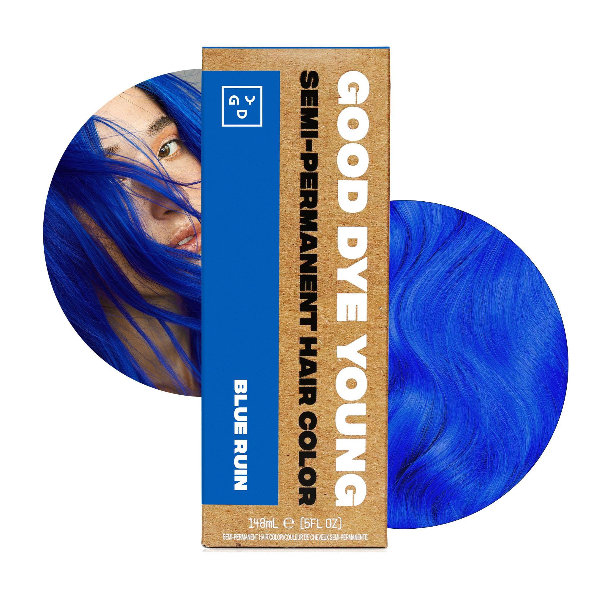 Good Dye Young Blue Ruin bottle pour reveals vibrant semi-permanent color for quick styling