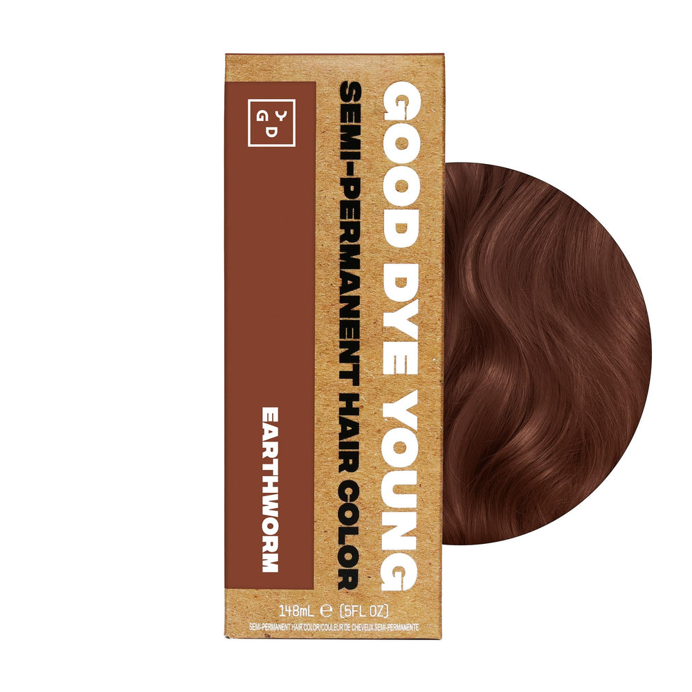 Good Dye Young Earthworm finished look with glossy auburn tones on hair.