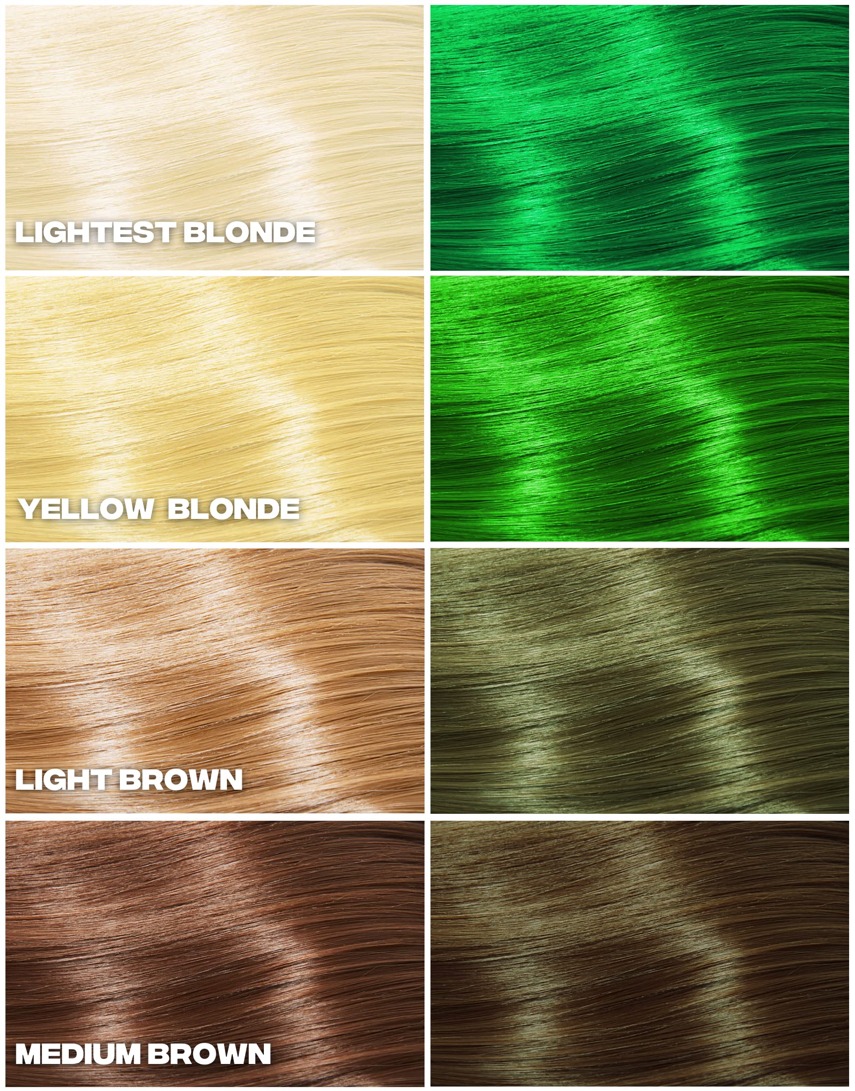 Kowabunga green dye swatch on hair reveals rich pigment.