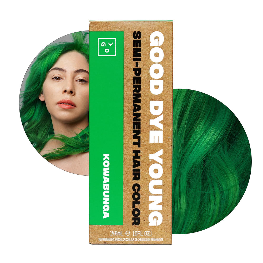 Good Dye Young Kowabunga green dye bottle shows vibrant vegan color.