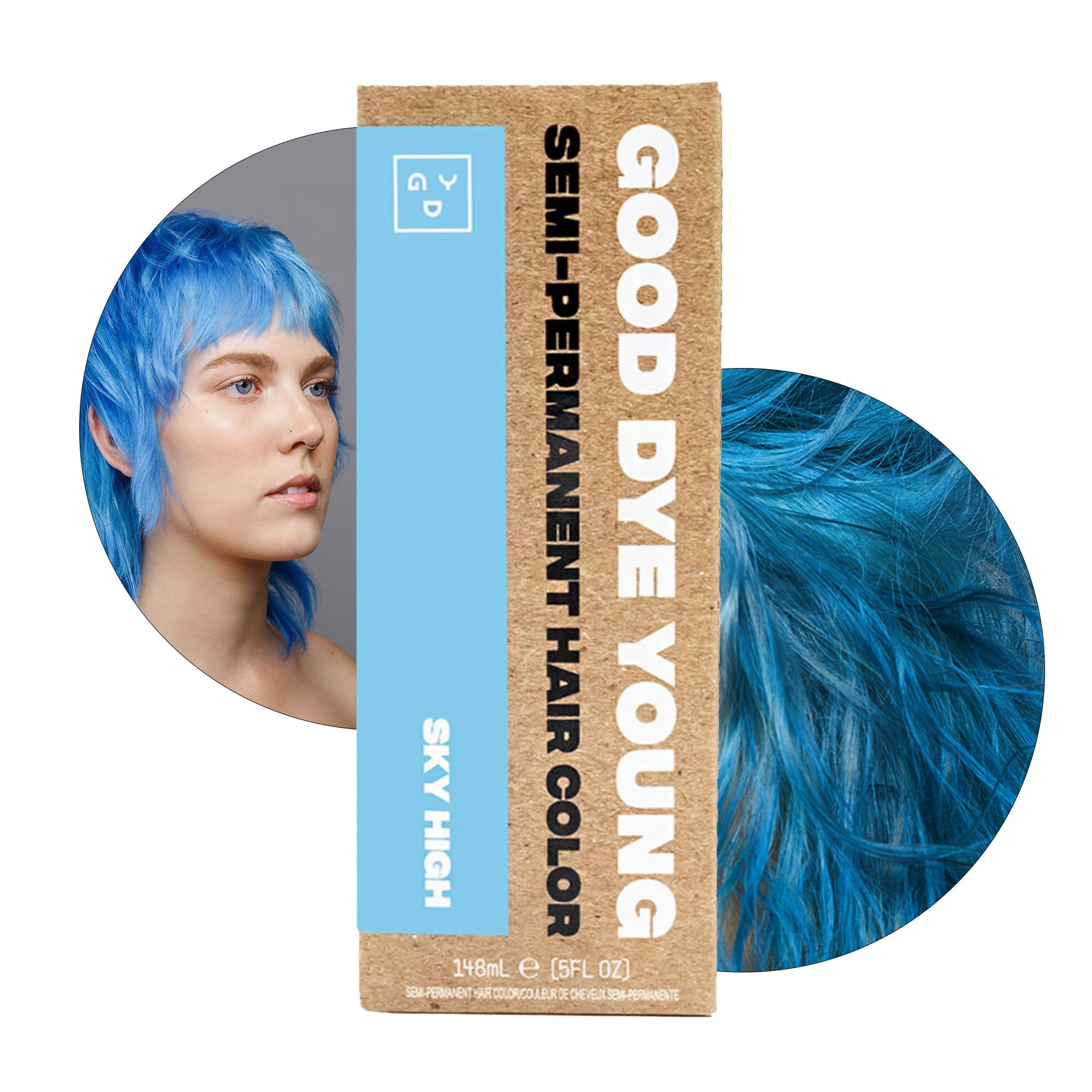 Good Dye Young Sky High blue hair dye bottle shows vibrant color for bold looks.