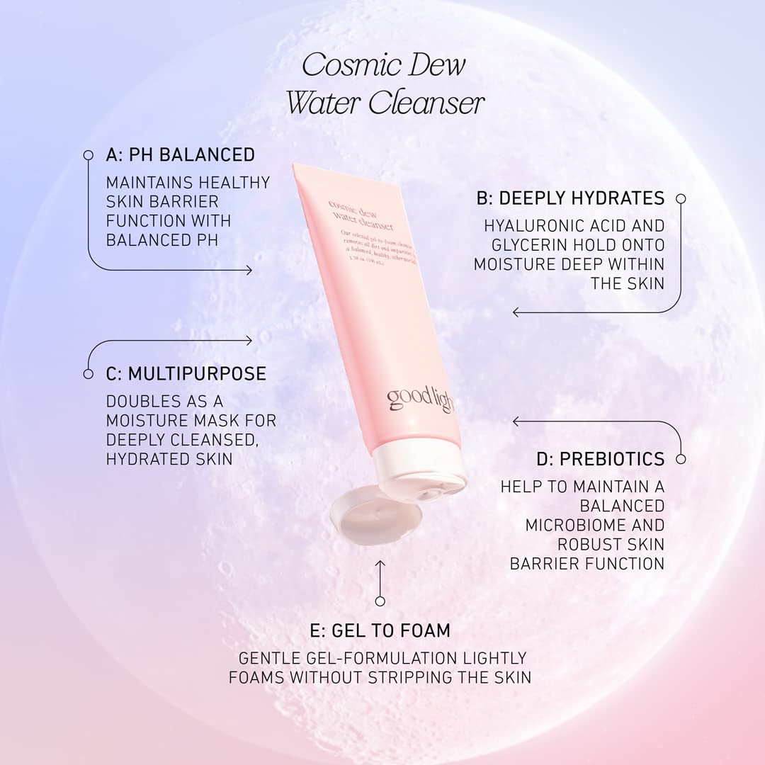 Good Light Cosmic Dew foam texture demonstrates gentle gel-to-foam cleansing.