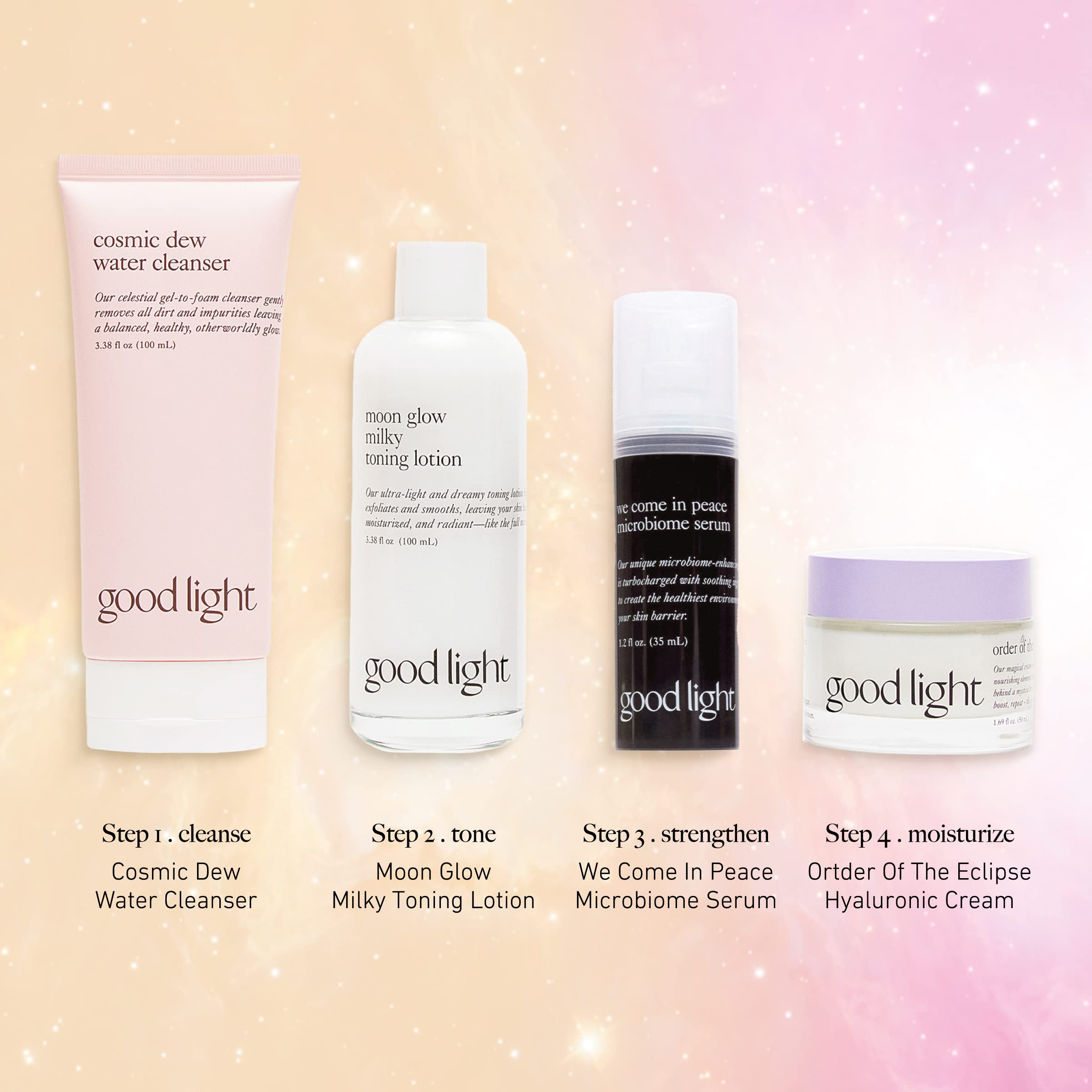 Good Light Cosmic Dew water cleanse with splash for refreshed skin.