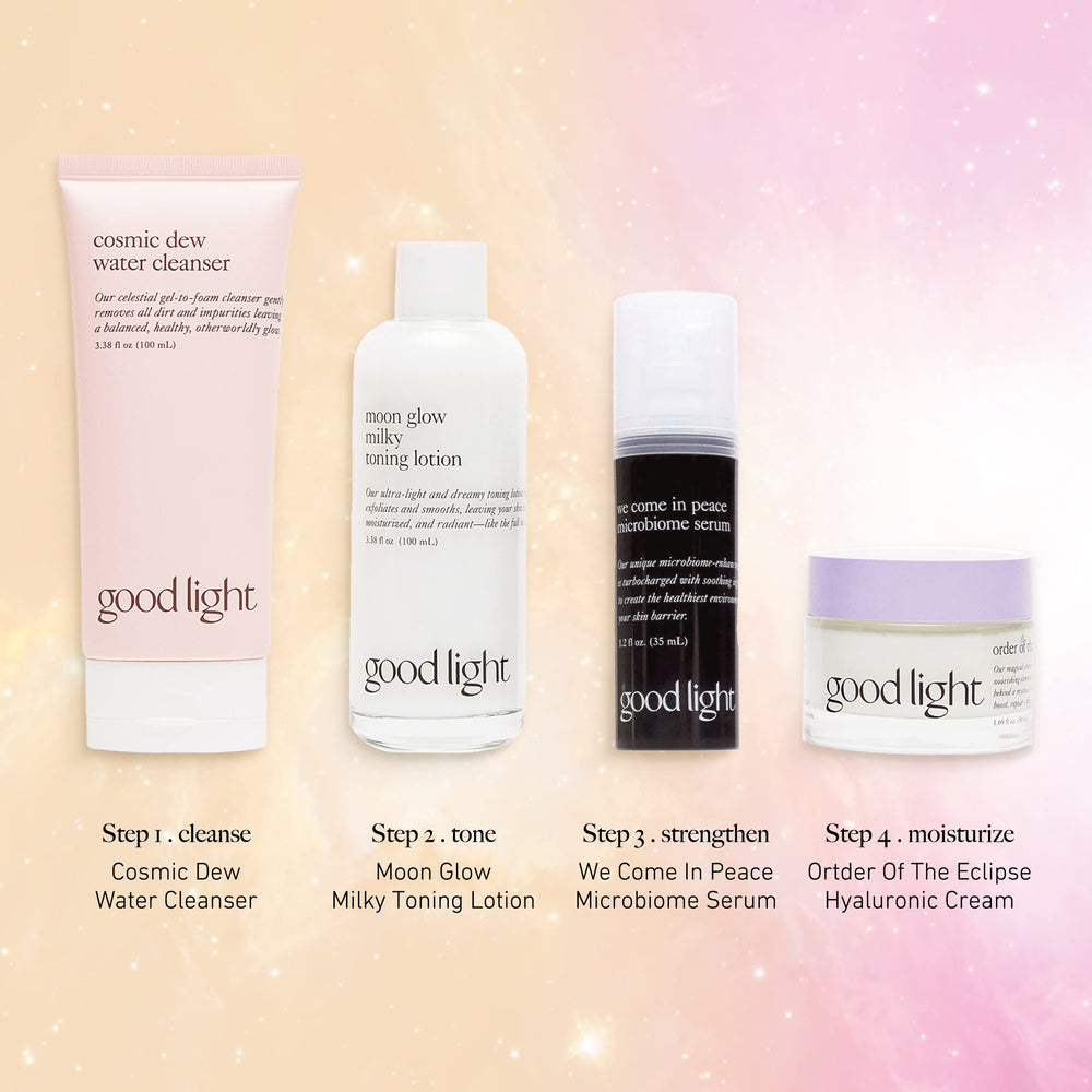 Good Light Cosmic Dew water cleanse with splash for refreshed skin.