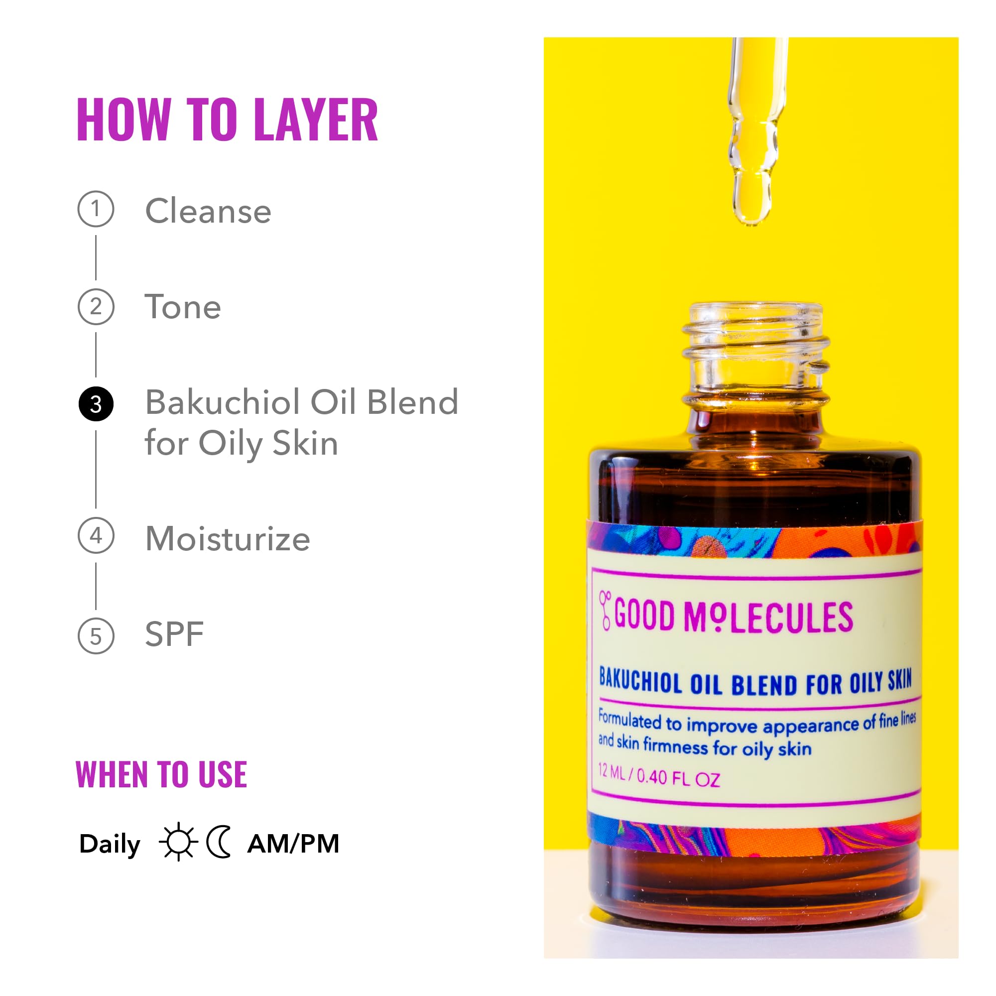 Good Molecules Bakuchiol Oil application drops encourage even skin tone.