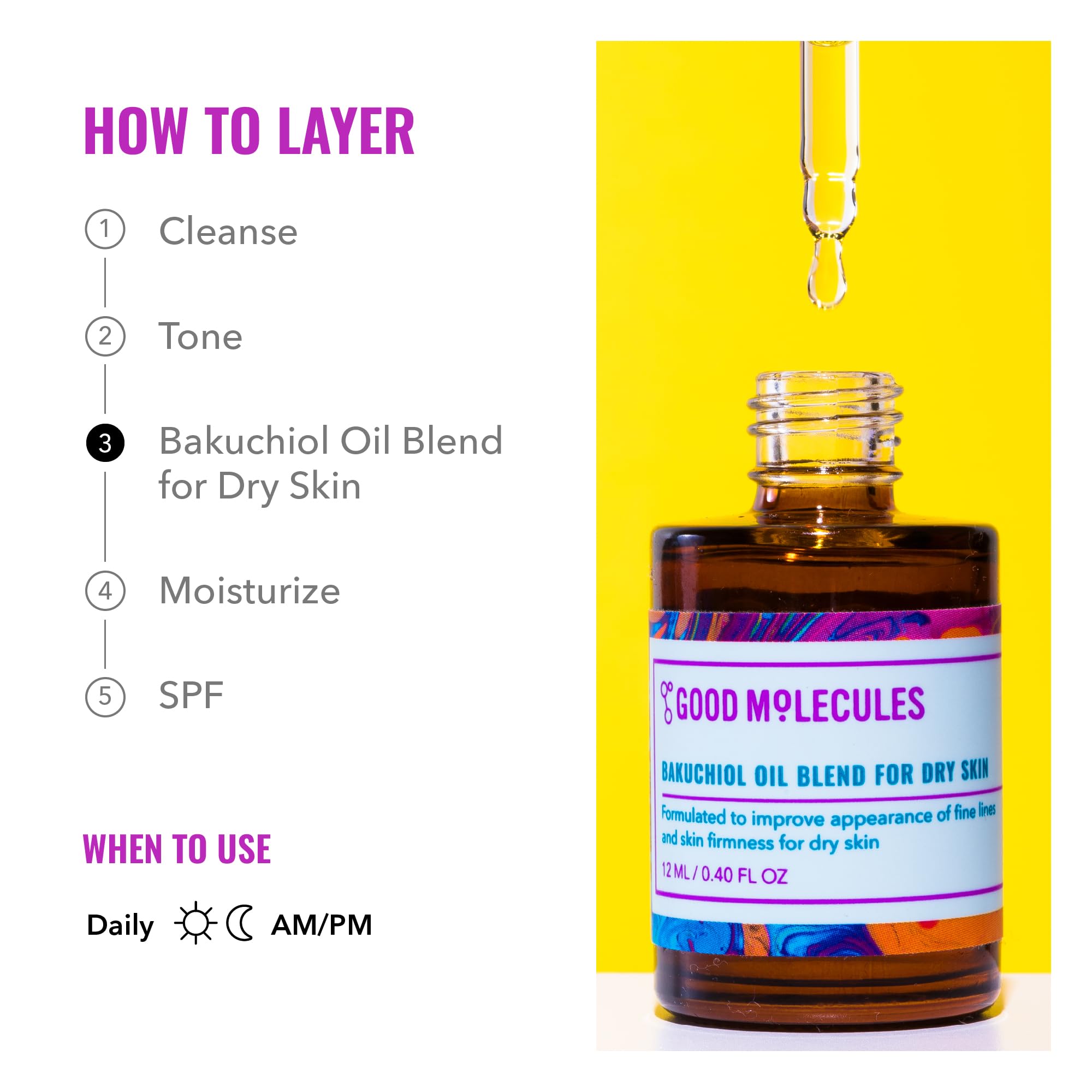 Good Molecules Bakuchiol Oil ingredient blend highlights bakuchiol and rosehip.