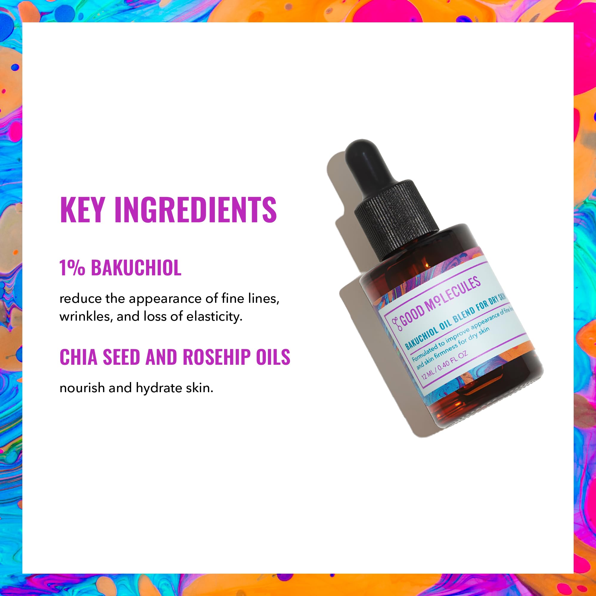 Good Molecules Bakuchiol Oil with rosehip and chia oil blend nourishes dry skin.