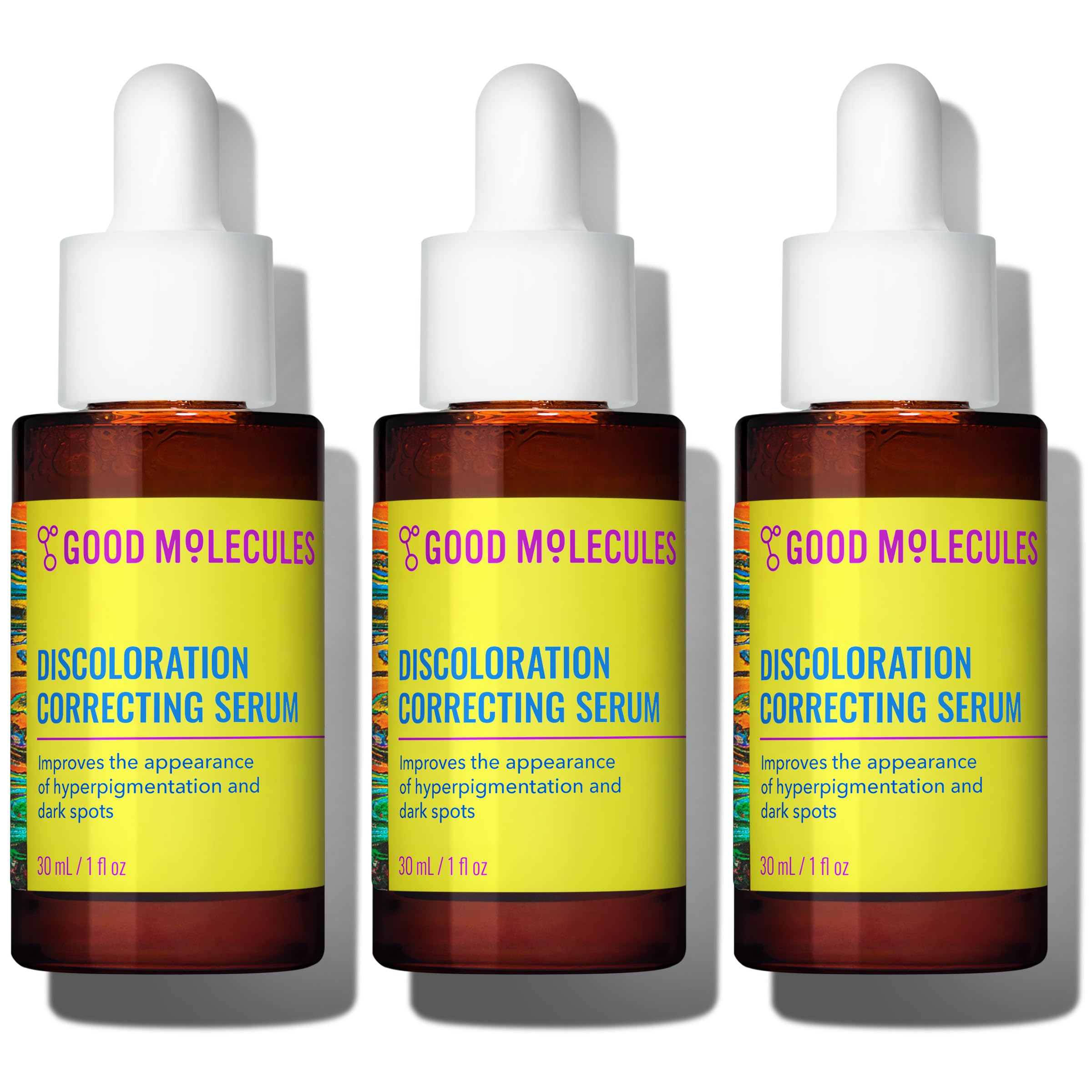Good Molecules Discoloration Correcting Serum Pack 3 bottle pour for easy, quick absorption.