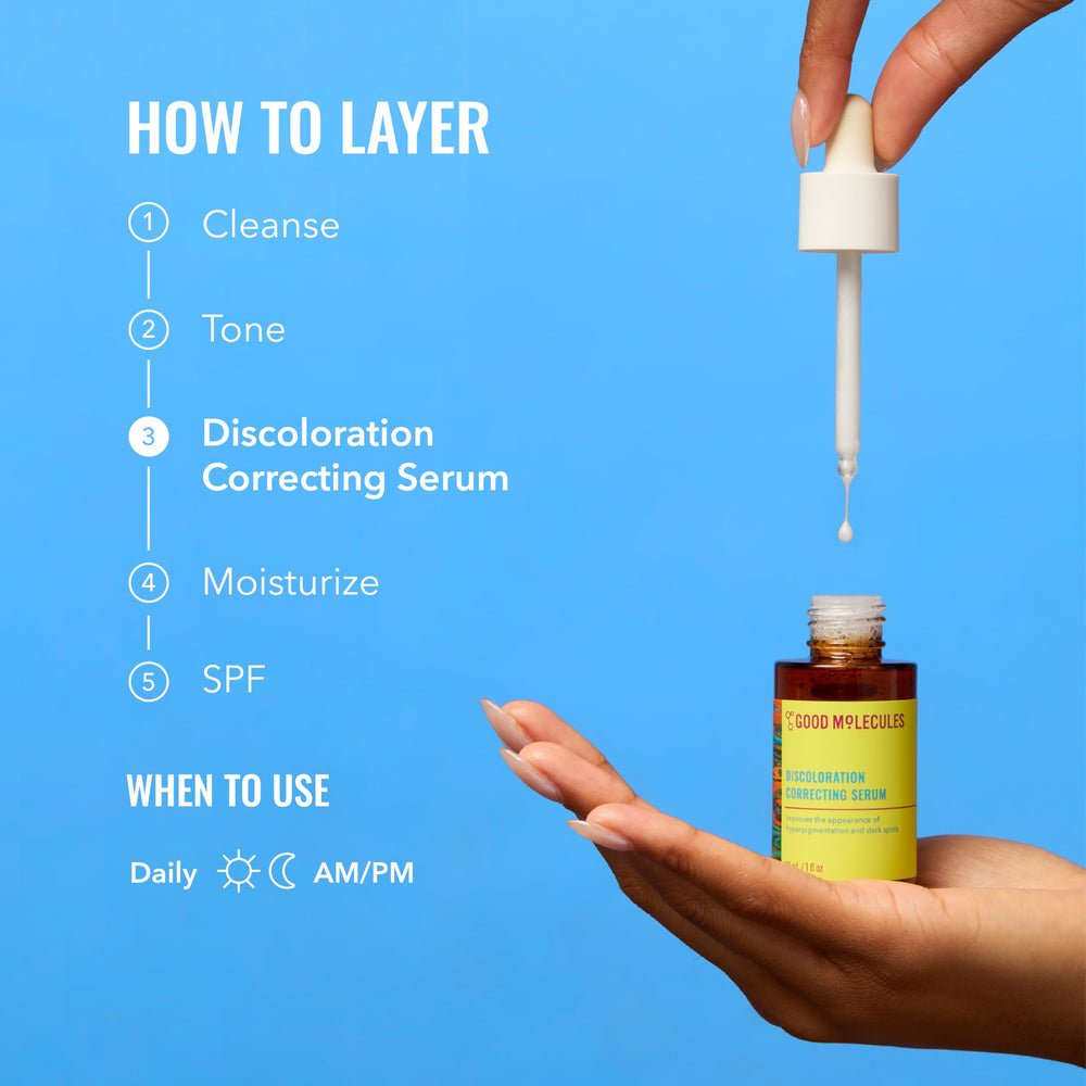 Good Molecules Discoloration Serum bottles lined up for consistent treatment.